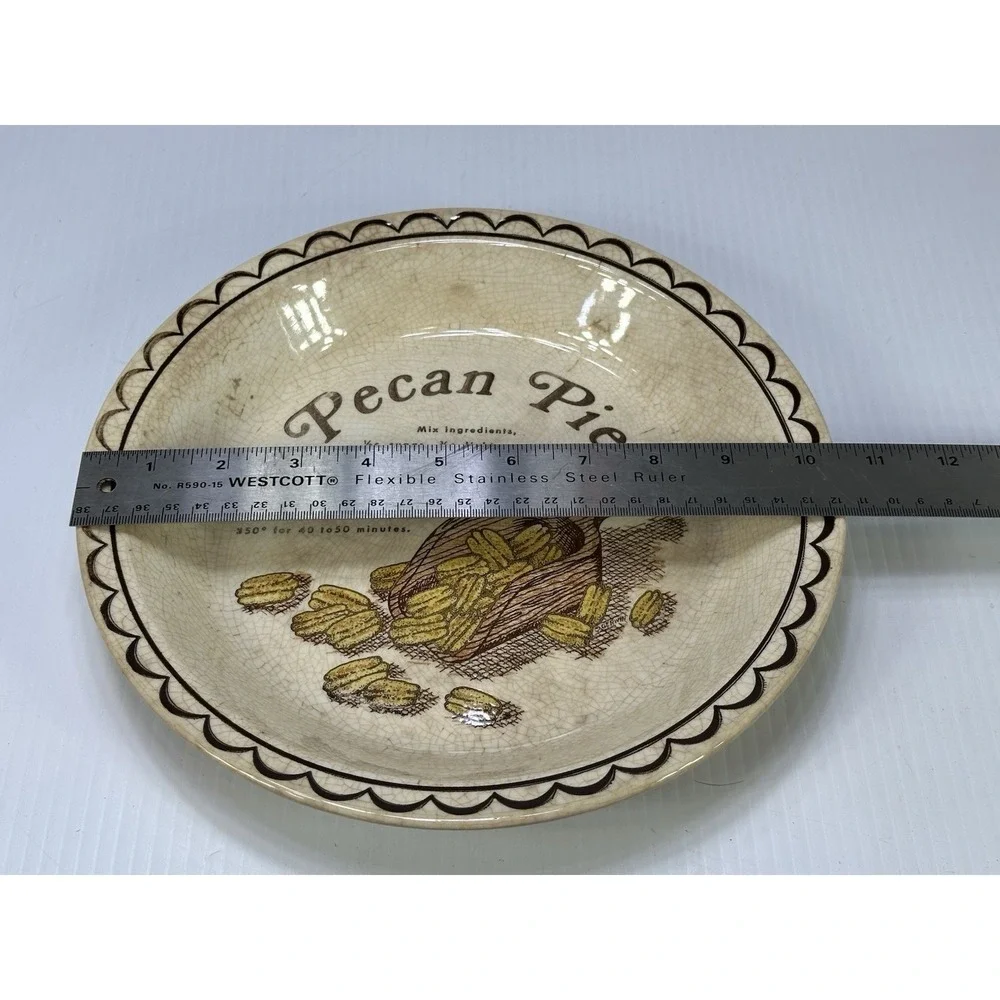 Vintage Ceramic Pecan Pie Dish Plate Recipe Brown White Grandmacore Cottagecore